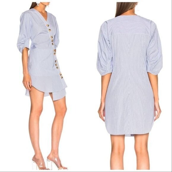 Tibi Stripe Asymmetrical Shirt Dress, Size 00, Blue - Picture 2 of 12